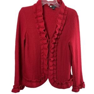 Carole Little Jacket Womens Medium Petite 100% Wool Red Ruffles Long‎ Sleeve